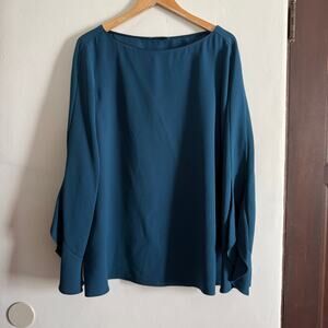 LAFAYETTE 148 | Dark Teal Boat Neck Split Bell Sleeve Blouse | Extra Large
